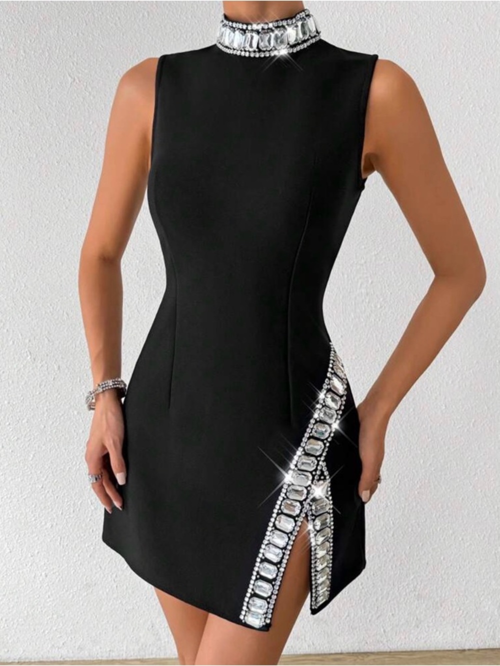 Allurite Elegant Sleeveless Black Rhinestone Collar Chic Dress